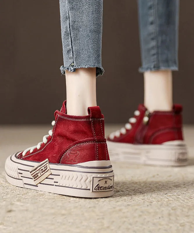 Beige Platform Soled Cowhide Lace Up High Top Board Shoes
