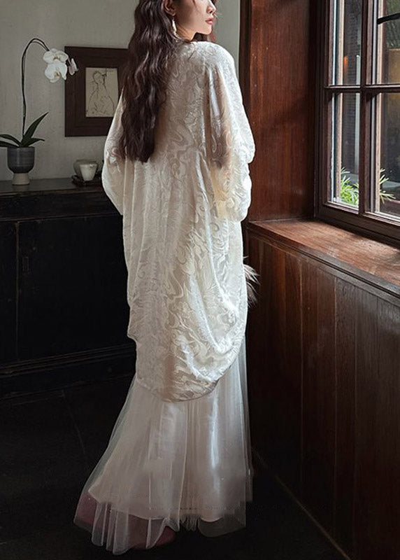 Fitted White V Neck Patchwork Long Dress Lantern Sleeve
