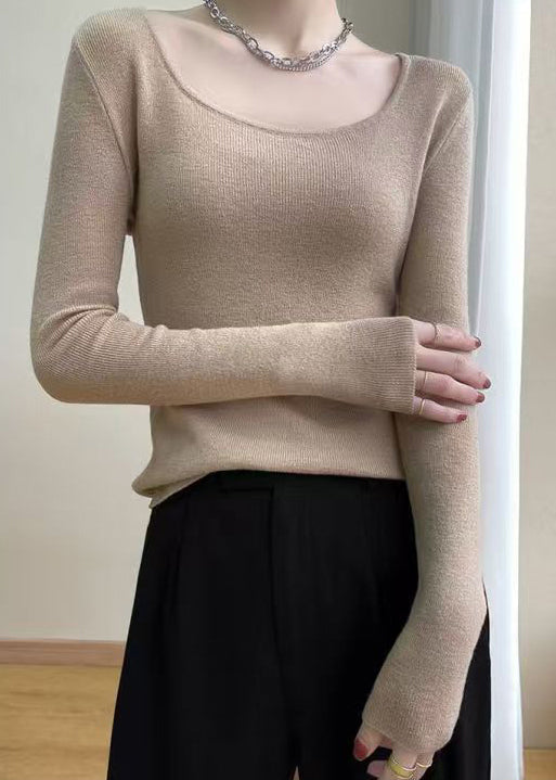 Slim Fit Light Camel O Neck Wool Knit Top Fall