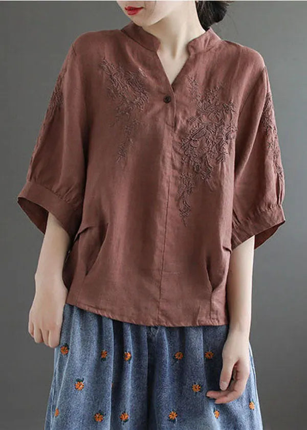 Chocolate V Neck Embroidered Wrinkled Linen Blouse Top Lantern Sleeve
