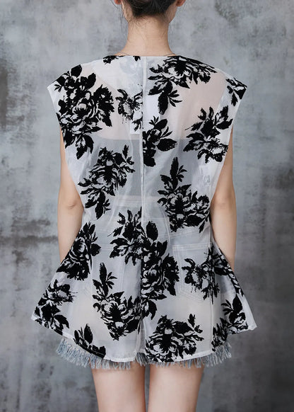 White Print Tulle Upf 50+ Tops Oversized Sleeveless