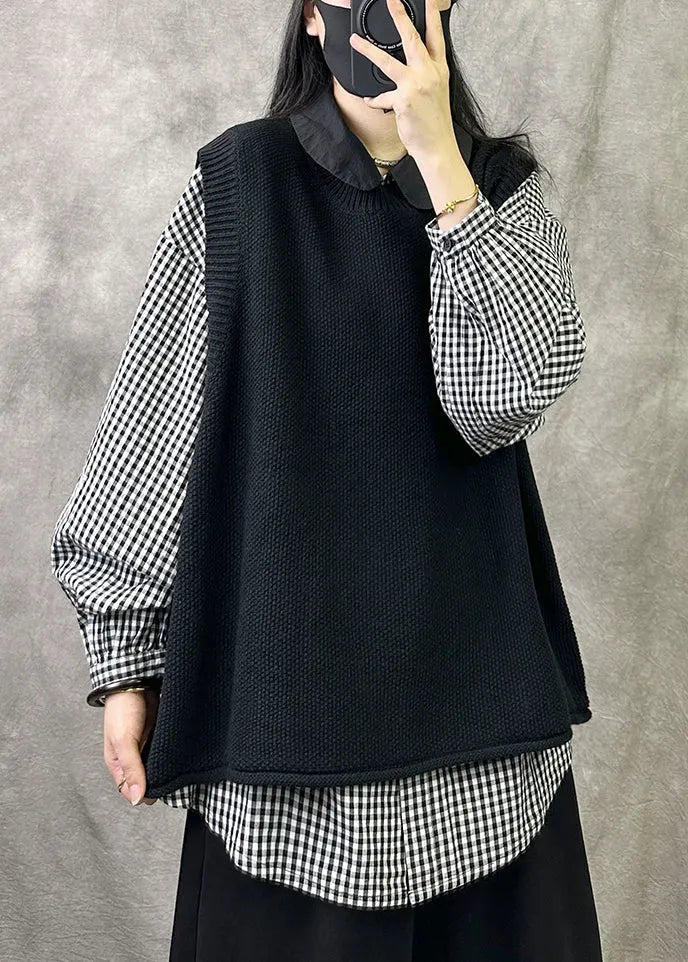Loose Black O Neck Cozy Knit Waistcoat Sleeveless