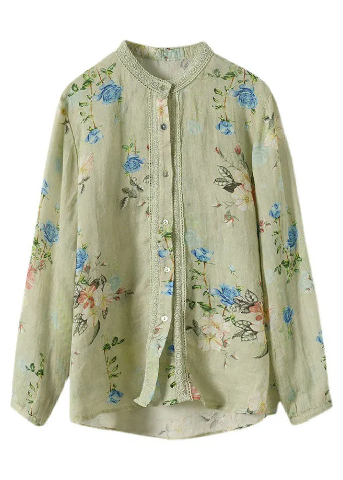 White Lace Patchwork Print Ramie Blouses Long Sleeve