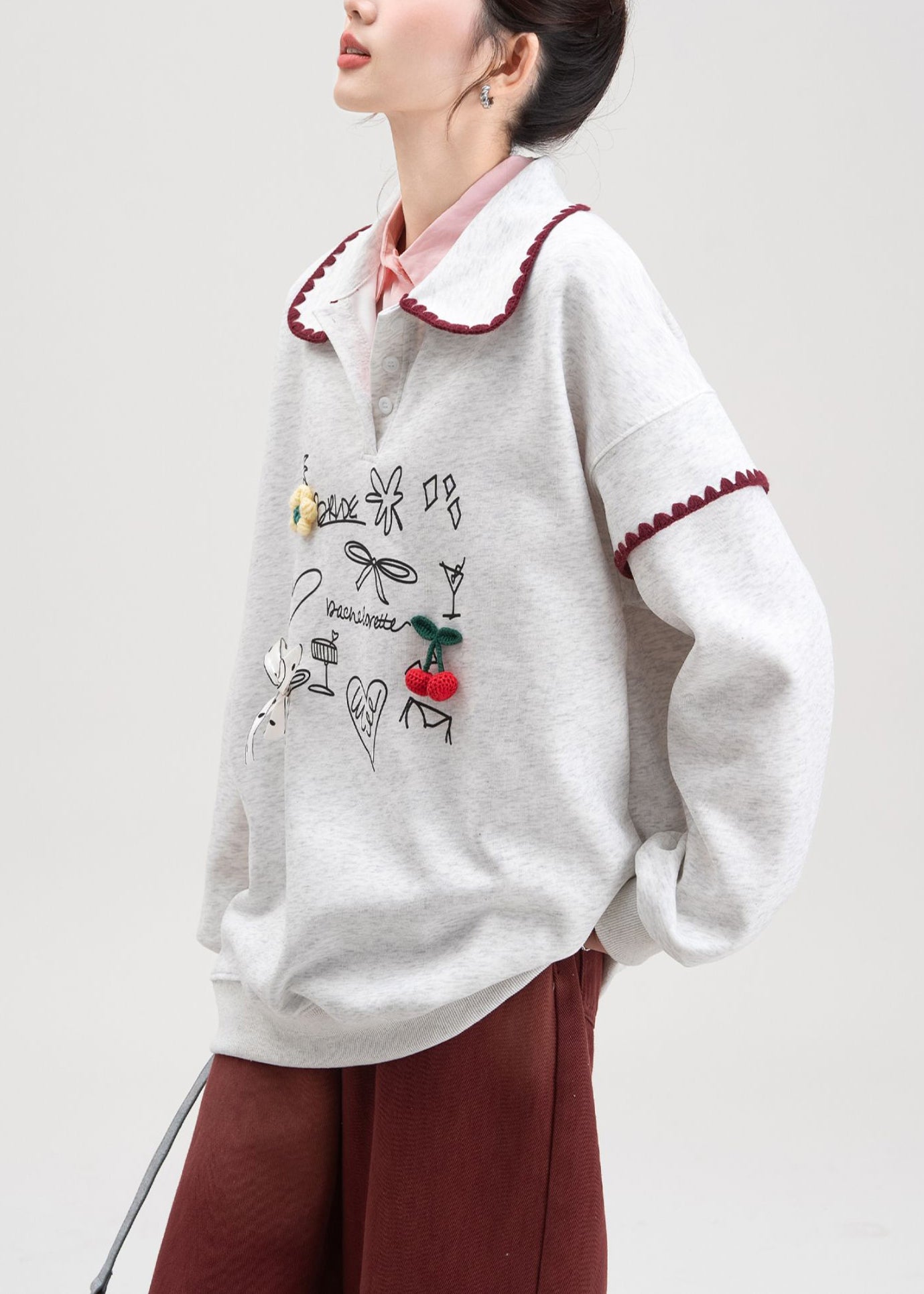 Grey Bow Print Cotton Fall Sweatshirts Peter Pan Collar
