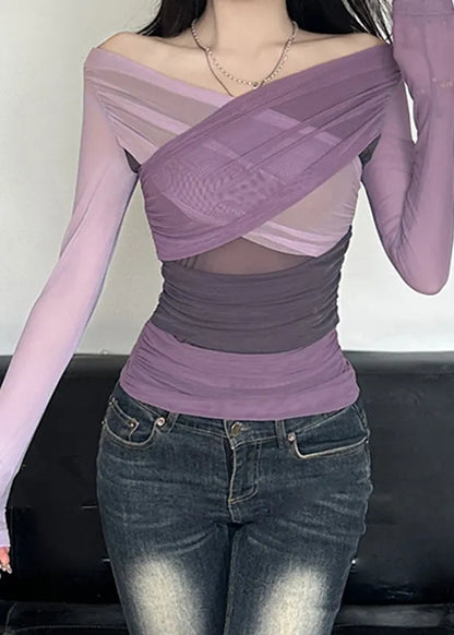 Purple Slash Neck Wrinkled Tulle Top Spring