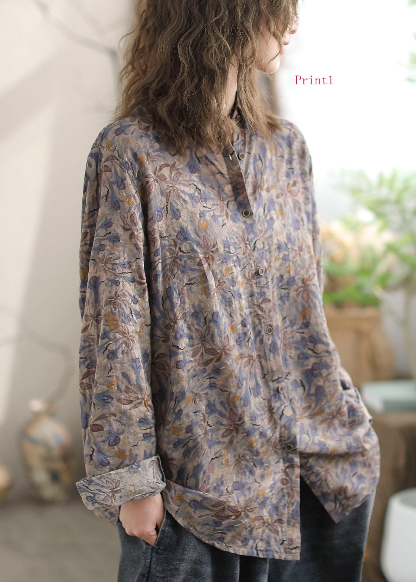 New Versatile Print Peter Pan Collar Cotton Shirt Long Sleeves