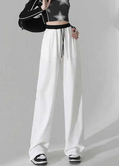 Pink Pockets Elastic Waist Cotton Straight Pants Spring