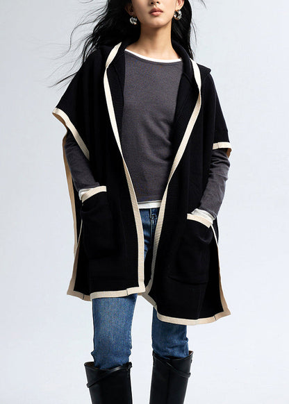 Black Hooded Pockets Knit Loose Cardigan Fall