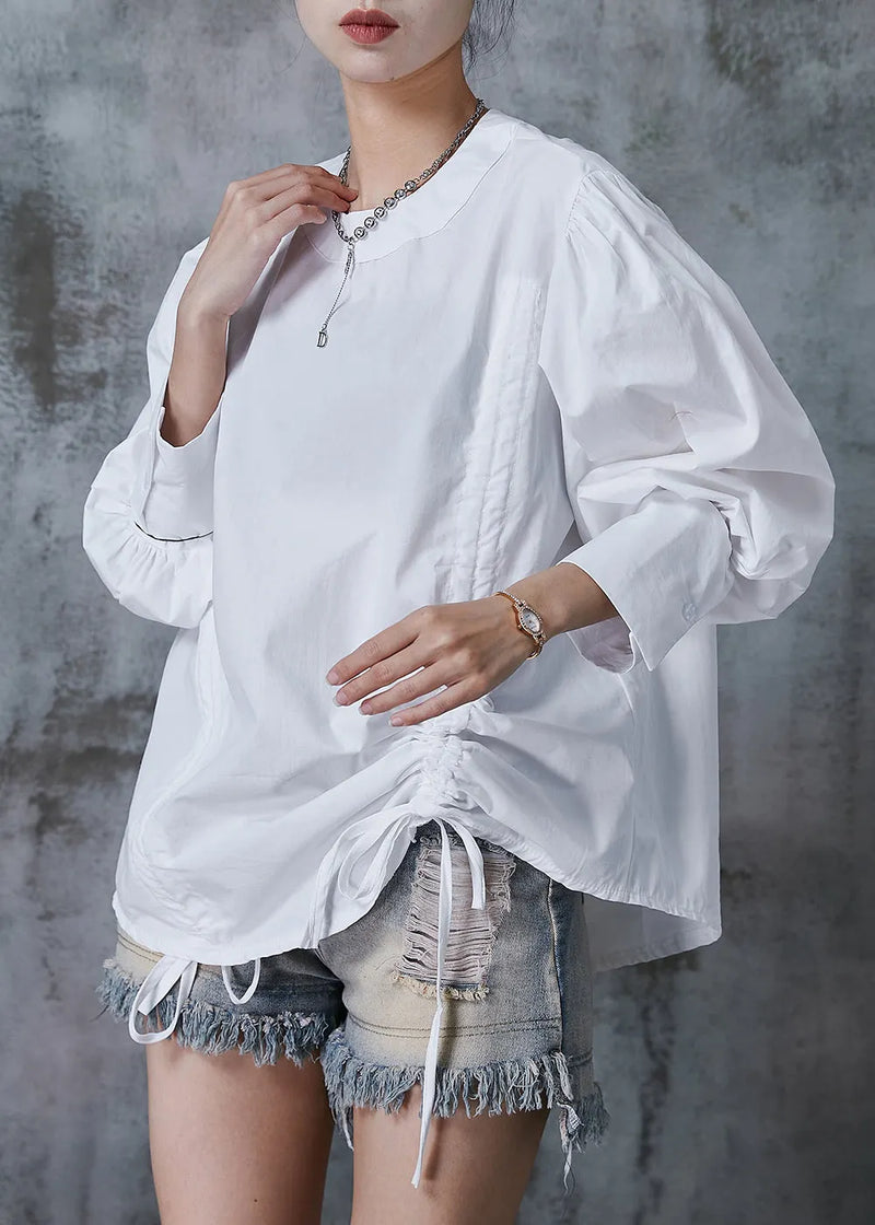 White Cotton Loose Sweatshirt Oversized Drawstring Summer