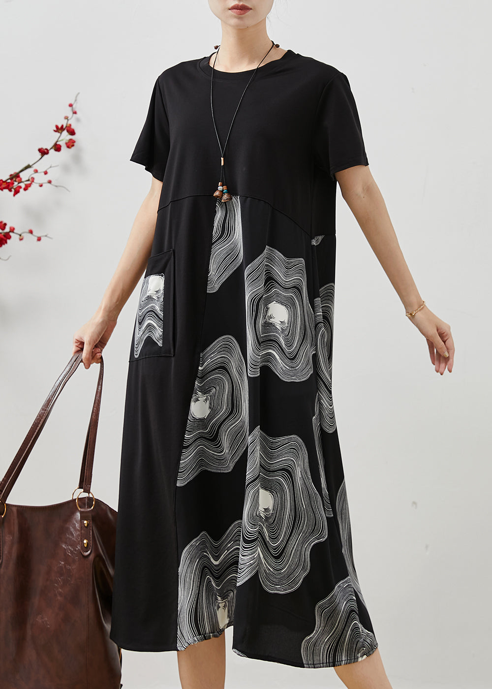 Black Oversized Patchwork Print Cotton Long Dress Summer