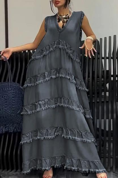 Color Distressed Ruffle V Neck Sleeveless Loose Denim Dresses(4 Colors)