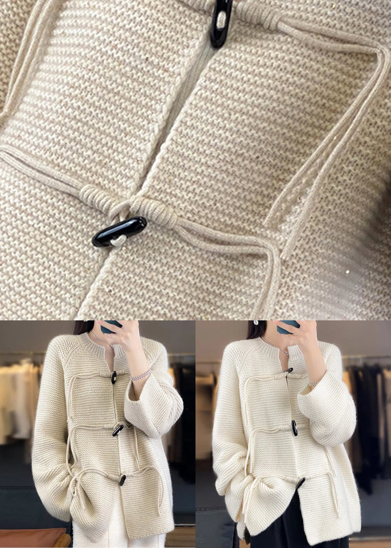 White Woolen Knit Coat O-neck Long Sleeve