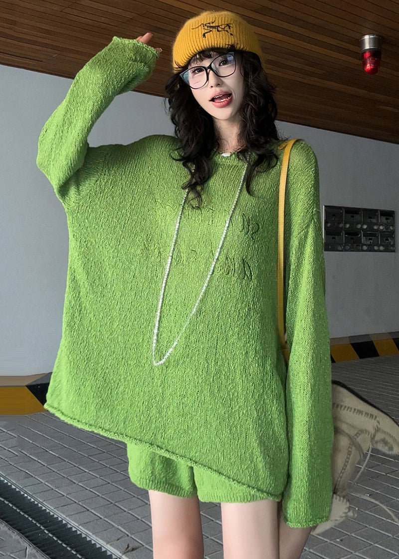 Grass Green Embroidered Letter Knit Two-piece Set Spring