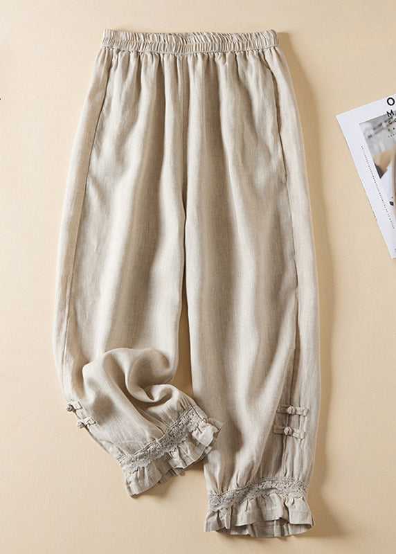 Linen Lace Button Elastic Waist Harem Pants Summer
