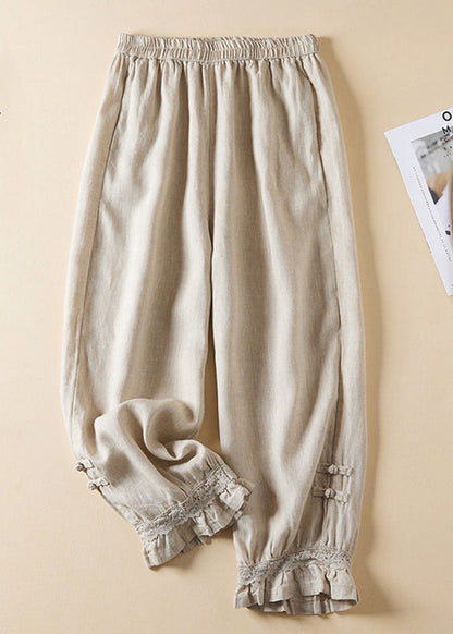Linen Lace Button Elastic Waist Harem Pants Summer