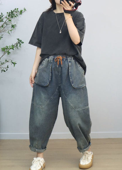 Blue Oversized Big Pockets Denim Harem Pants Spring