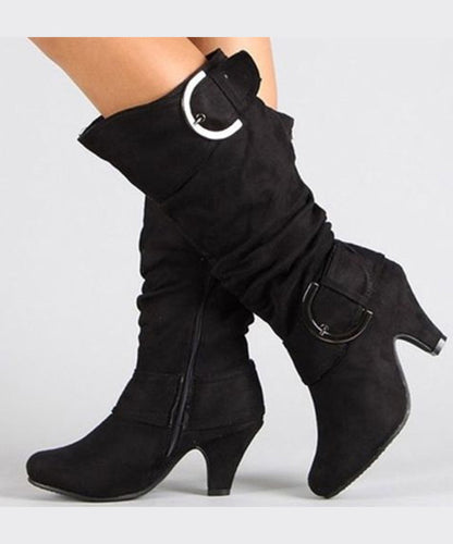 American Style Red Zippered Splicing Chunky Suede Boots Pointed Toe