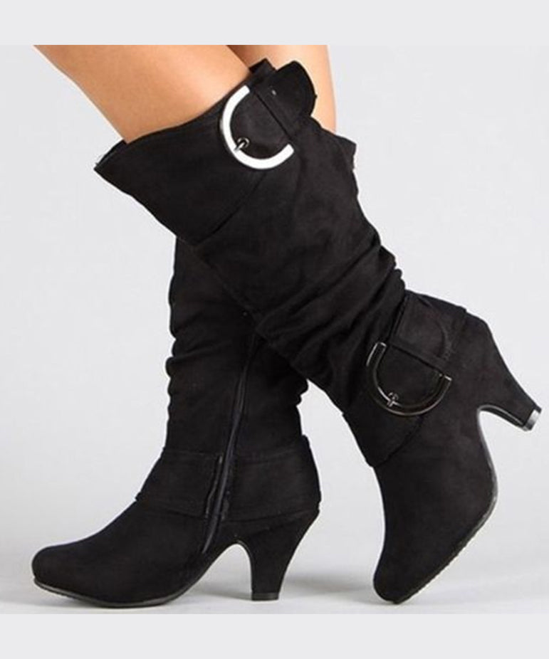American Style Red Zippered Splicing Chunky Suede Boots Pointed Toe