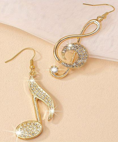 Gold Copper Overgild Zircon Asymmetrical Musical Note Drop Earrings