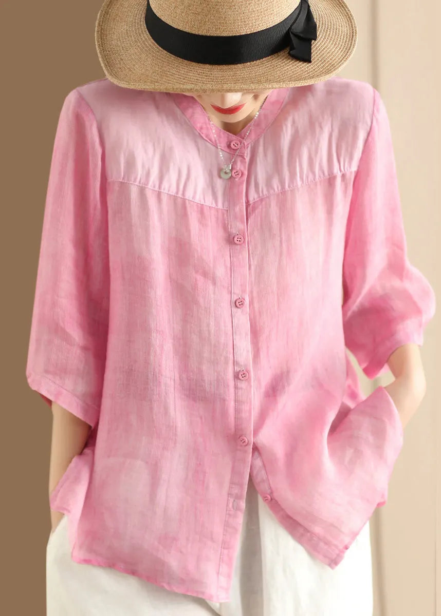 Coffee Stand Collar Button Patchwork Linen Shirts Summer