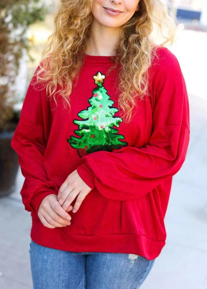 Red O Neck Christmas Tree Sequins Cotton Sweatshirts Top Winter