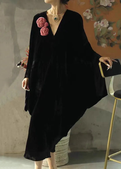 New Orange V Neck Silk Velvet Dress Spring