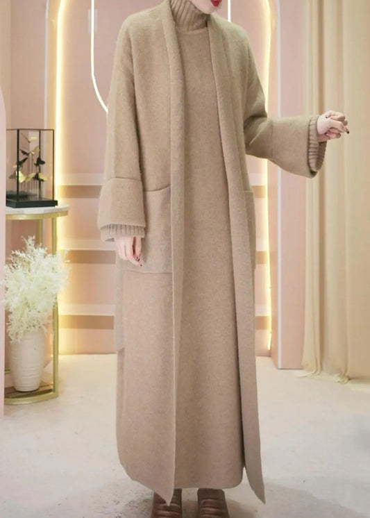 Loose Camel Pockets Woolen Cardigan and Turtleneck Knit Dress Two Piece Set Winter