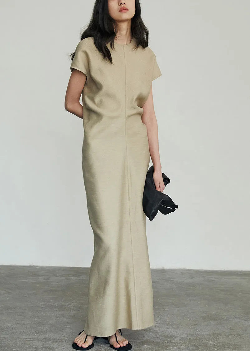 Classy Khaki O Neck Slim Fit Cotton Long Dresses Summer