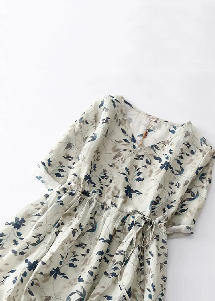 Light Grey Print Lace Up Cotton Dresses Summer