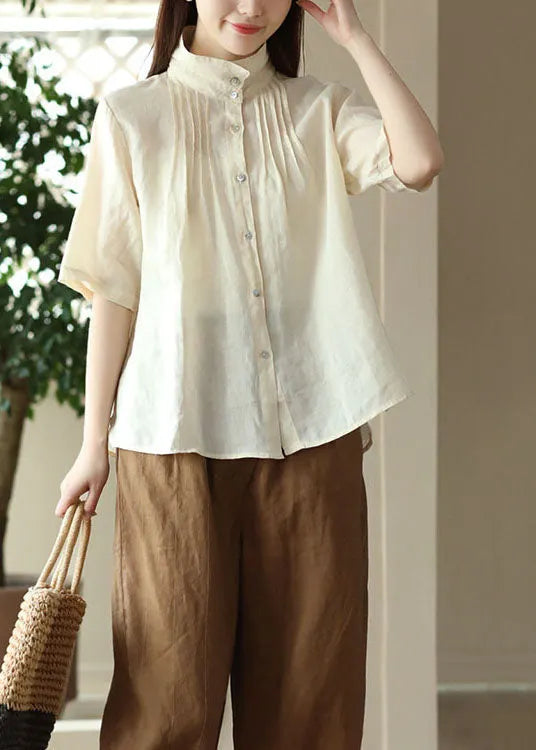 Beige Patchwork Linen Shirt Tops Wrinkled Button Half Sleeve