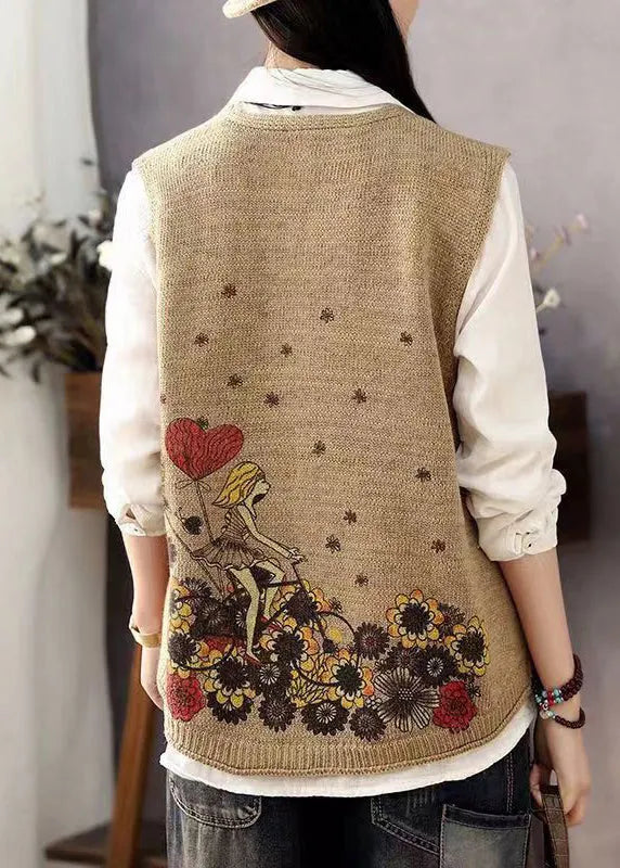 Brown V Neck Print Button Cotton Knit Waistcoat Sleeveless