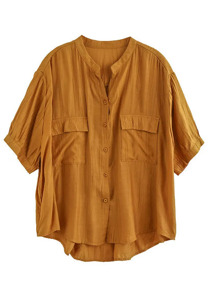Italian Yellow V Neck Patchwork Button Cotton Shirt Short Sleeve