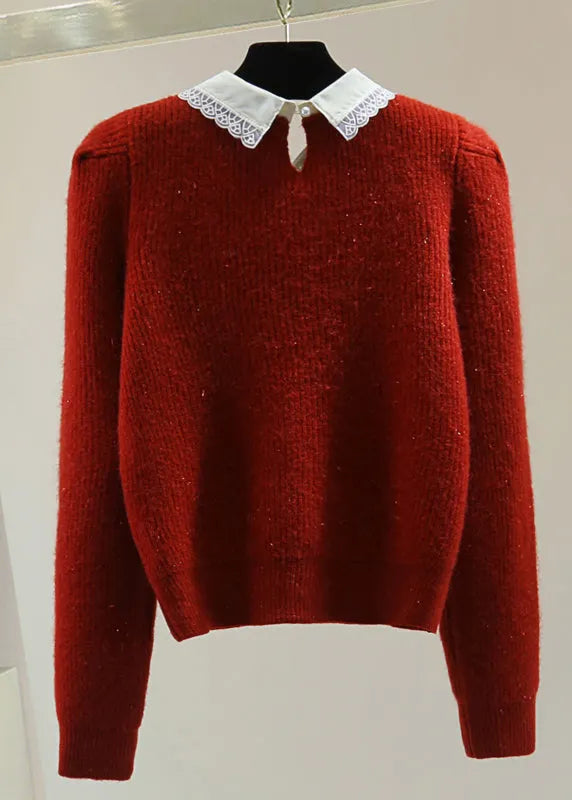 Red Peter Pan Collar Nail Bead Cotton Knit Sweater Winter