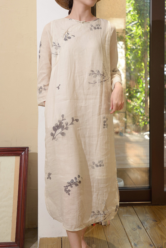 Summer Twill Ramie Print Dress Disc Button Cotton Linen Dress