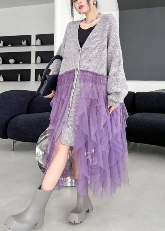 Grey Button Cotton Knit Long Sweater Dress V Neck Fall