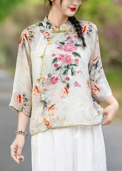 New Orange Stand Collar Print Linen Shirts Fall