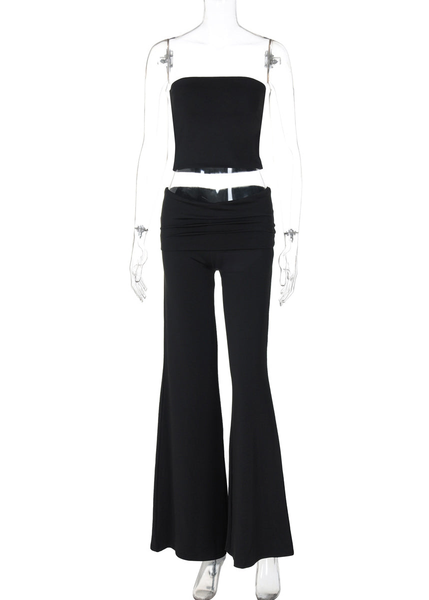 Black Strapless Top and Flared Trousers Two Pieces Set Summer