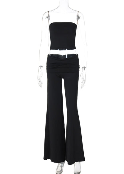 Black Strapless Top and Flared Trousers Two Pieces Set Summer