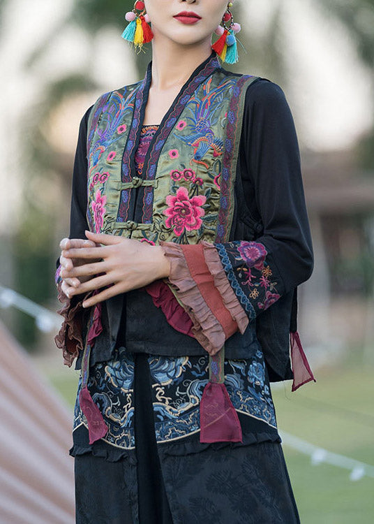 Green V Neck Embroidered Button Satins Waistcoat Spring