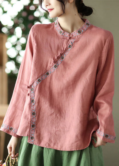Watermelon Red Embroidered Linen Shirt Long Sleeve