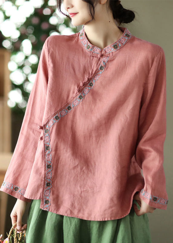 Watermelon Red Embroidered Linen Shirt Long Sleeve