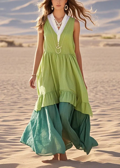 Green Patchwork Cotton Maxi Dresses Exra Large Hem Sleeveless