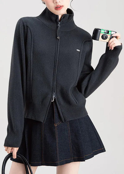 Dark Grey Zip Up High Neck Knit Sweaters Coat Spring