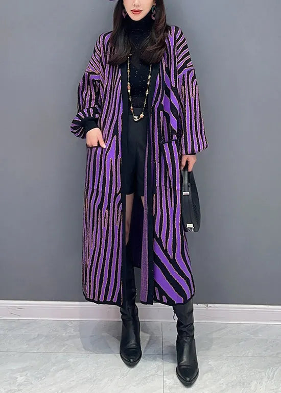 Purple Striped Pockets Patchwork Knit Long Cardigan Fall