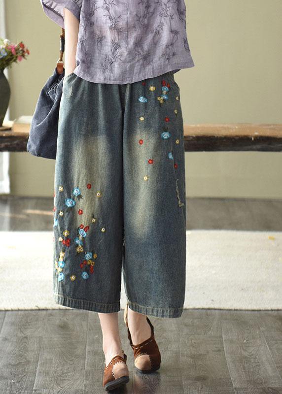 Comfy Grey Embroidered Wide Leg Denim Pants for