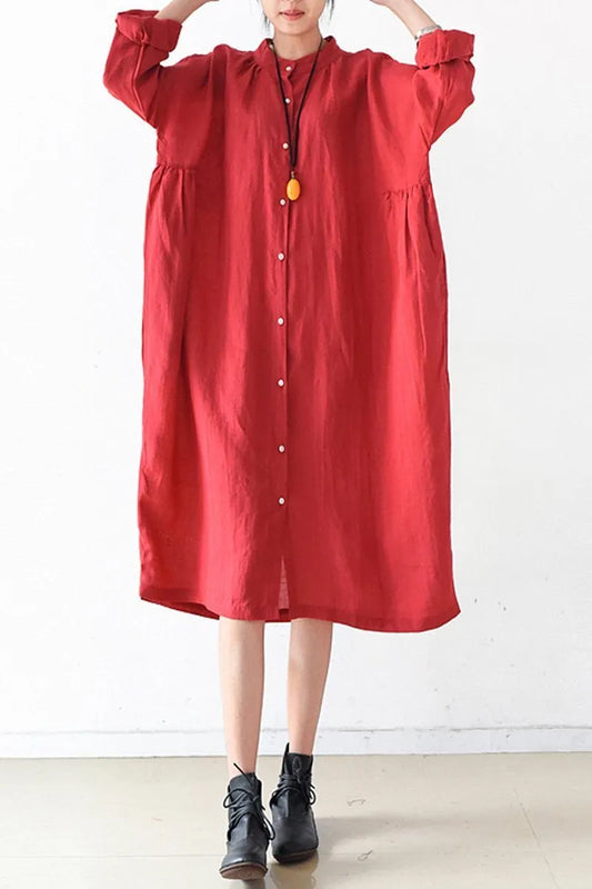 Red Loose Fitting Gown Single Breasted Large Size Maxi Dress Long Shirt Dress