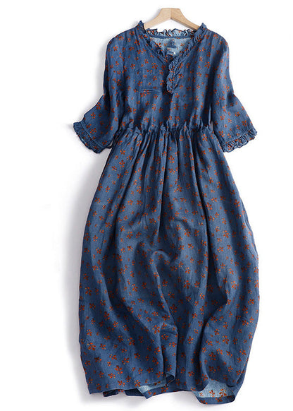 Navy Blue Ruffled Patchwork Print Drawstring Maxi Dresses Short Sleeve