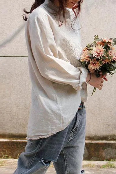 Limited Stock- Retro Embroidered Loose 100% Linen Shirt