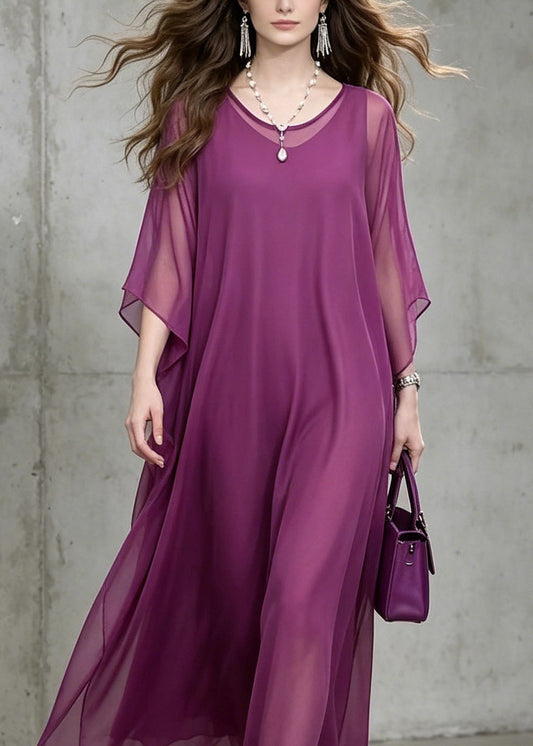 New Purple O Neck Loose Chiffon Ankle Dress Summer