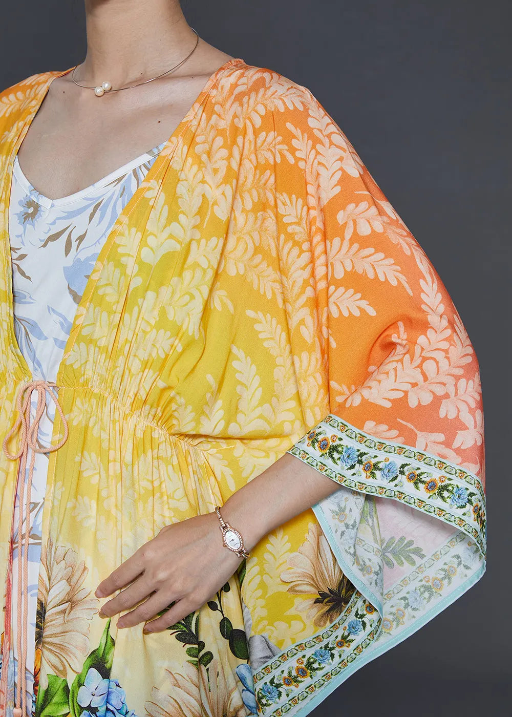 Yellow Tie Waist Print Chiffon Beach Dresses Fall